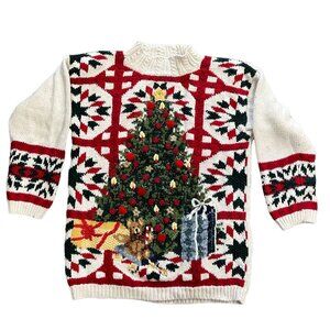 Vtg 90s Ugly Christmas Tree Sweater Tiara Festive M Quilt Pattern Turtle Neck